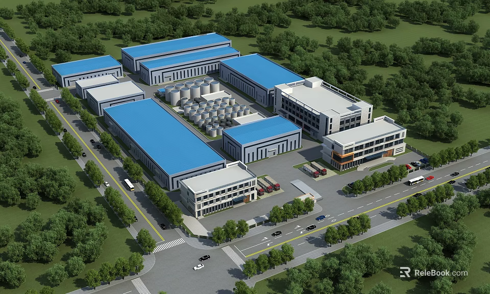 Industrial Plant With Multiple Buildings And Blue Roofs Surrounded By Trees Roads And Vehicles 3d model 