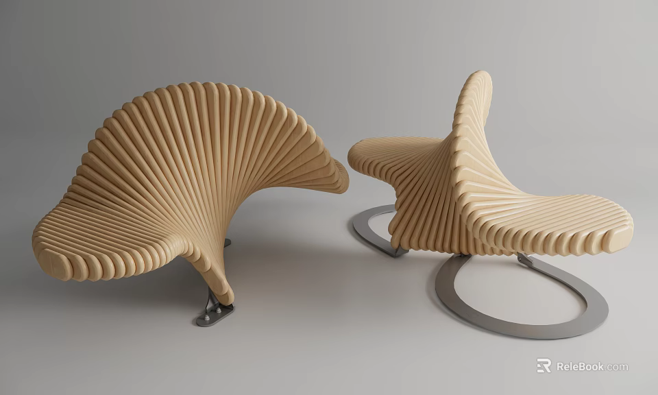 Creative Wooden Public Chair With Fan Shaped Curved Design And Metal Base 3d model 
