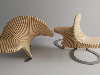 Creative Wooden Public Chair With Fan Shaped Curved Design And Metal Base 3d model