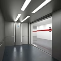 Modern Public Elevator Interior With Silver Doors Red Stripes And Number 8 3d model