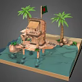 Rustic Wooden Stilt House with Palm Trees and Bangladeshi Flag by Sandy Beach Water