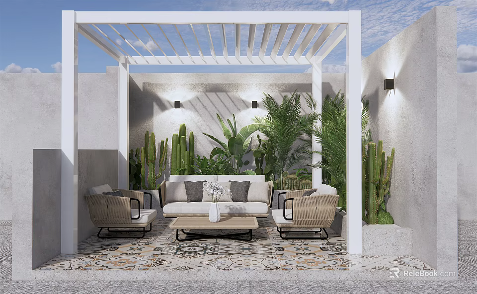 Outdoor Sofa Set With Wicker Chairs And Coffee Table Under White Pergola With Green Plants 3d model 