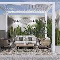 Outdoor Sofa Set With Wicker Chairs And Coffee Table Under White Pergola With Green Plants