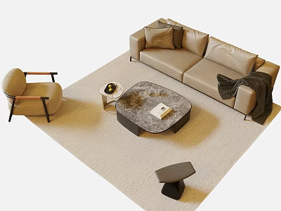 Modern Beige Sofa And Marble Coffee Table Set With Armchair Pillows Throw Blanket 3d model