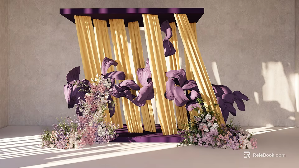 Elegant Floral Art Installation With Purple Frame Yellow Curtains And Purple Pink Floral Arrangements 3d model 
