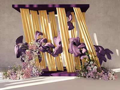 Elegant Floral Art Installation With Purple Frame Yellow Curtains And Purple Pink Floral Arrangements 3d model