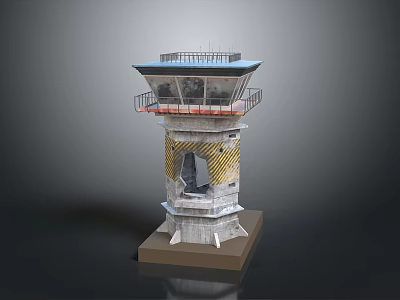Modern Control Tower Building With Top Observation Platform And Detailed Yellow Gray Base Structure 3d model