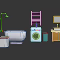 Bathroom Laundry Room Fixtures With Toilet Bathtub Shower Head Radiator Washing Machine Sink and Mirror