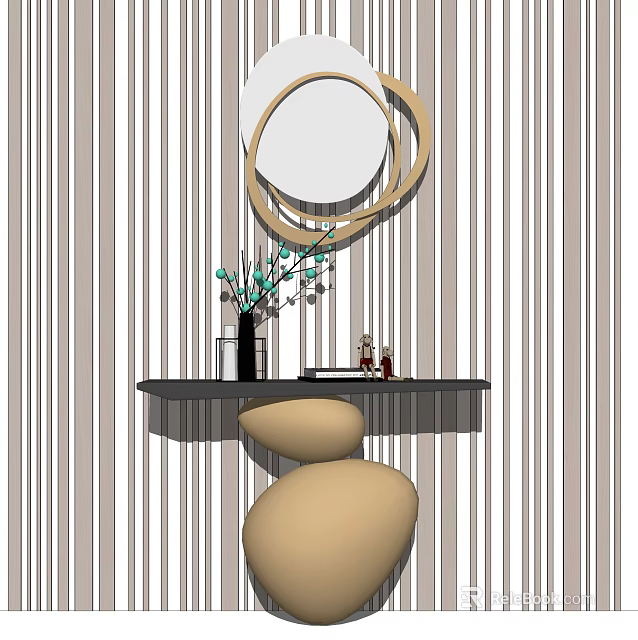 Modern Console Table Design With Circular Mirror Striped Wall And Decorative Vase Items 3d model