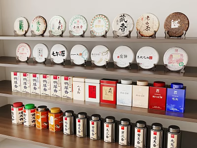 Traditional Tea Sets Display with Circular Tea Cakes Tea Boxes and Colorful Tins on Shelf 3d model