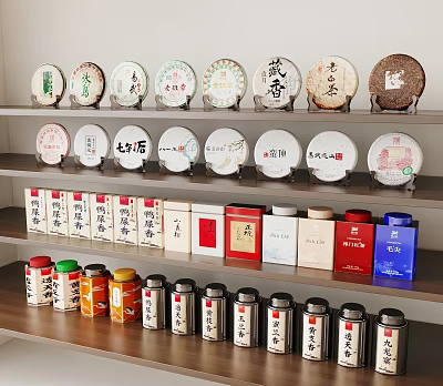Traditional Tea Sets Display with Circular Tea Cakes Tea Boxes and Colorful Tins on Shelf 3d model