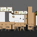 Modern Restaurant Interior With Wooden Tables Chairs Hanging Lights And Menu Boards