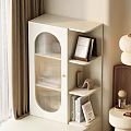 Modern Bookcase With Glass Door Layered Shelves Decorative Vases Books Art Sculptures In Bedroom