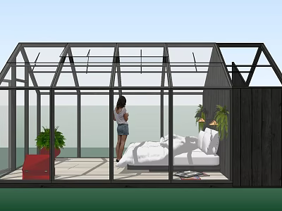 Glasshouse Bedroom Interior With Glass Walls Bed Plants And Standing Person 3d model