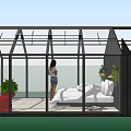 Glasshouse Bedroom Interior With Glass Walls Bed Plants And Standing Person