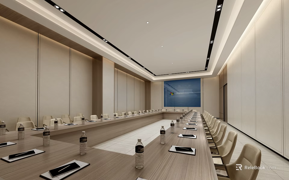 Modern Conference Room Interior With Long Table Light Chairs And Large Screen 3d model