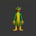 Cartoon Style Green And Yellow Lizard Creature Character With Purple Eyes Standing Pose