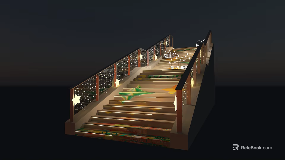 Illuminated Staircase With Star Shaped Decorations And Green Patterns At Night With Warm Lighting 3d model 