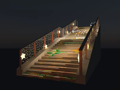 Illuminated Staircase With Star Shaped Decorations And Green Patterns At Night With Warm Lighting 3d model