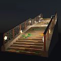 Illuminated Staircase With Star Shaped Decorations And Green Patterns At Night With Warm Lighting