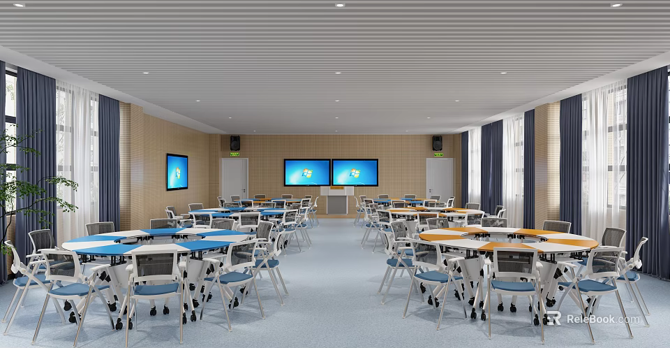 School Multimedia Classroom With Tables Chairs And Screens 3d model 