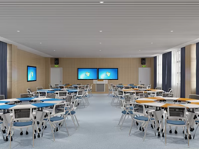 School Multimedia Classroom With Tables Chairs And Screens 3d model