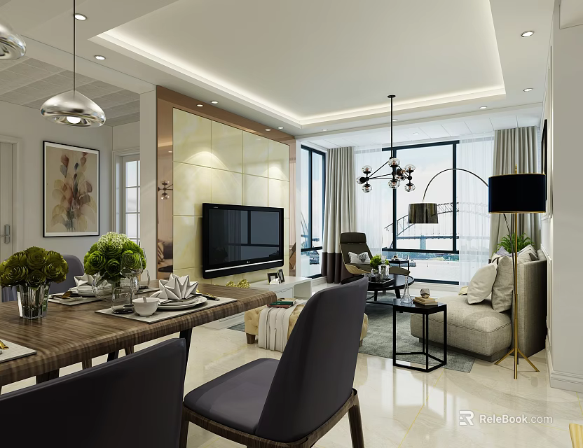 Modern Living Dining Room Interior With Dining Table Chairs Sofa TV Pendant Lights And Plants 3d model 