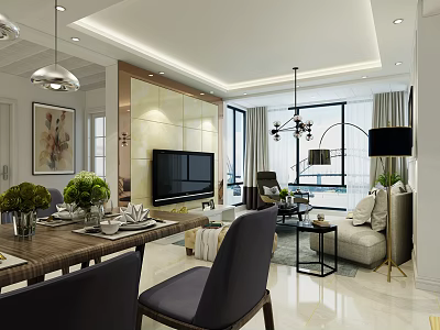 Modern Living Dining Room Interior With Dining Table Chairs Sofa TV Pendant Lights And Plants 3d model