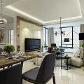 Modern Living Dining Room Interior With Dining Table Chairs Sofa TV Pendant Lights And Plants