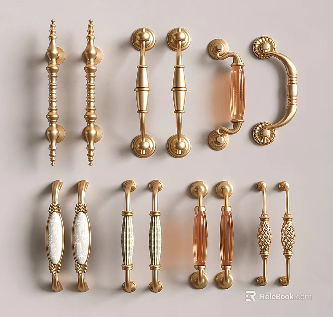 Elegant Golden Furniture Handles with Various Designs for Cabinets and Drawers 3d model 