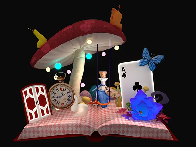 Fantasy Open Book Scene With Mushroom Clock Butterfly Ace Card Bottle And Flower 3d model