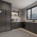 Modern Kitchen Interior With Dark Cabinets White Countertop Appliances And City View Window