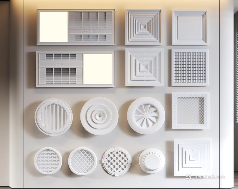 Air Conditioner Vents With Various Designs And Multiple Styles On White Wall 3d model