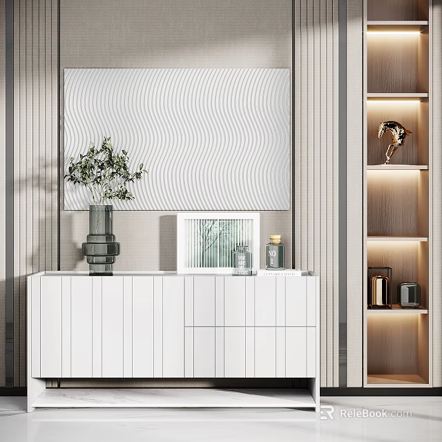 Stylish Entryway Cabinet and Sideboard White Design With Green Plant Vase Picture Frame and Lighting 3d model 