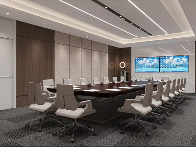 Modern Conference Room Interior With Long Table White Chairs And Dual Screens 3d model