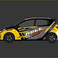 White And Yellow Sporty Hatchback Car With Racing Inspired Design And Black Wheels