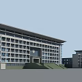 Modern Multi story Office Building With Large Glass Windows And Symmetrical Design