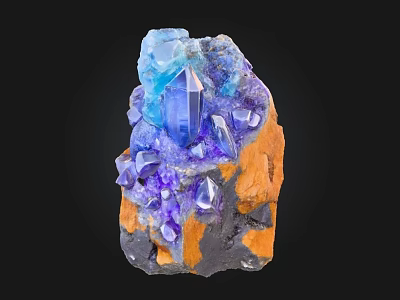 Natural Stone Wood Specimen With Blue Purple Crystals And Rock Formation 3d model