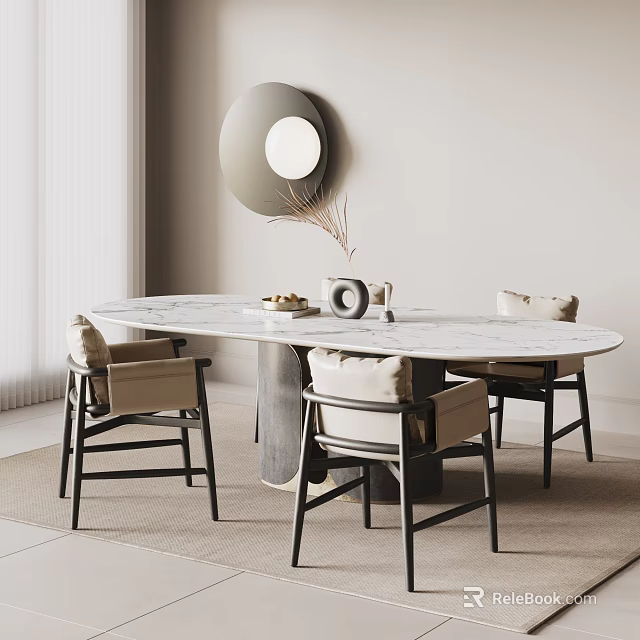 Elegant Modern Dining Table and Chairs Set With Marble Top And Round Mirror 3d model