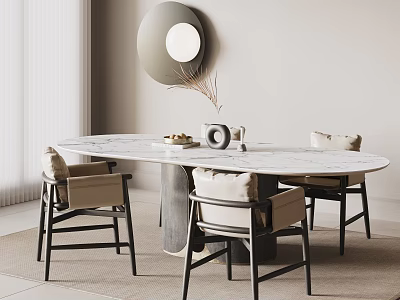 Elegant Modern Dining Table and Chairs Set With Marble Top And Round Mirror 3d model
