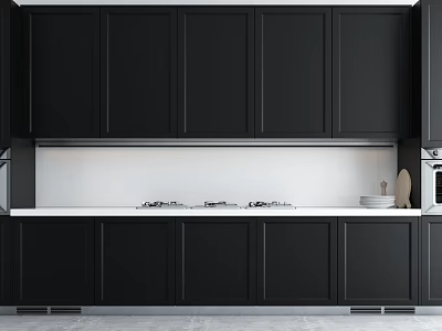 Modern Kitchen With Black Cabinets White Countertop And Cooktop Dinnerware 3d model