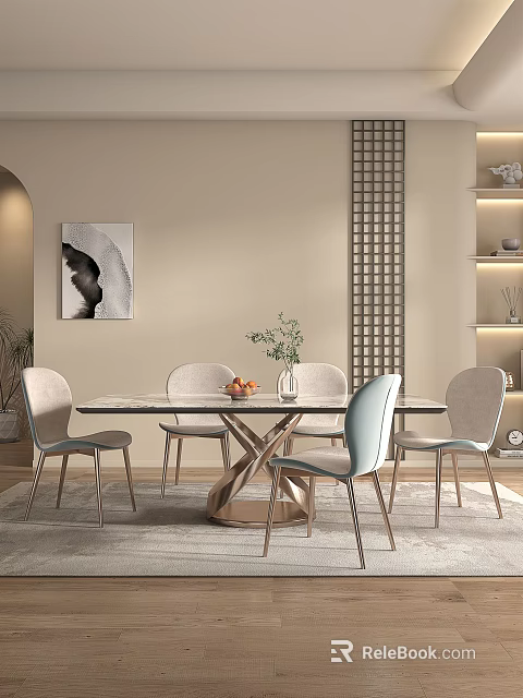 Modern Marble Dining Table Set With Light Gray Blue Chairs And Metal Legs 3d model 