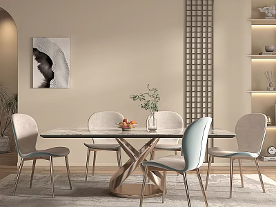 Modern Marble Dining Table Set With Light Gray Blue Chairs And Metal Legs 3d model