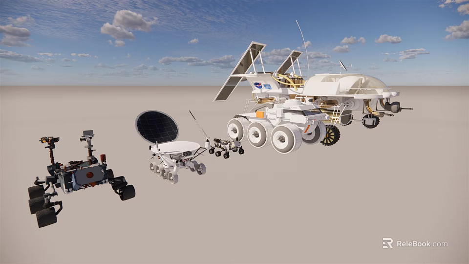 Various Mars Rovers With Solar Panels Wheels And Antennas In Desert Landscape 3d model 