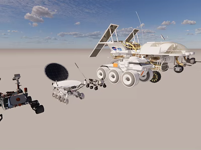 Various Mars Rovers With Solar Panels Wheels And Antennas In Desert Landscape 3d model
