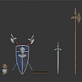 Medieval Historical Weapons Collection Featuring Shield Sword Axe Helmet And Wooden Box