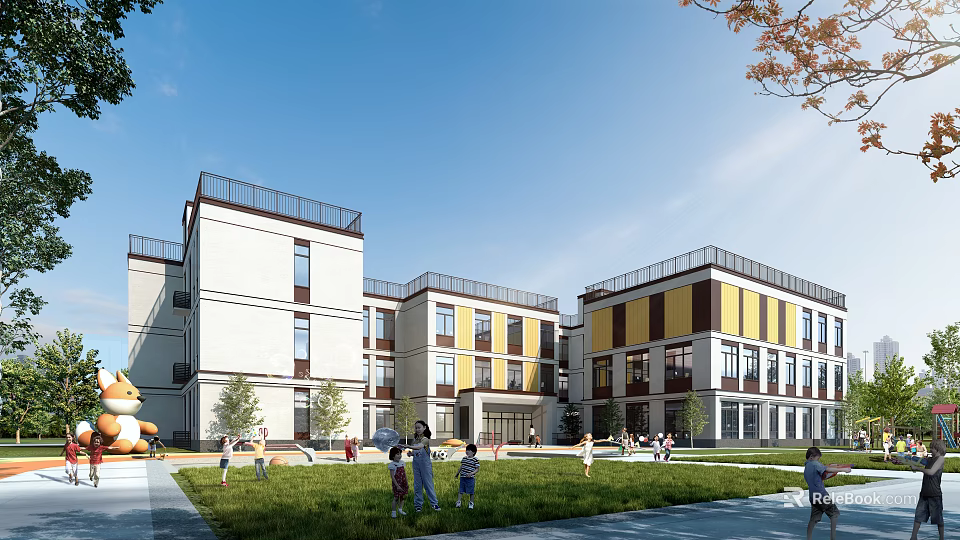 Modern School Building Exterior With White Yellow Facade Green Lawn And Children Playing 3d model 