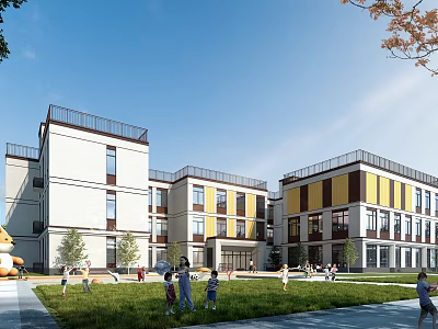 Modern School Building Exterior With White Yellow Facade Green Lawn And Children Playing 3d model