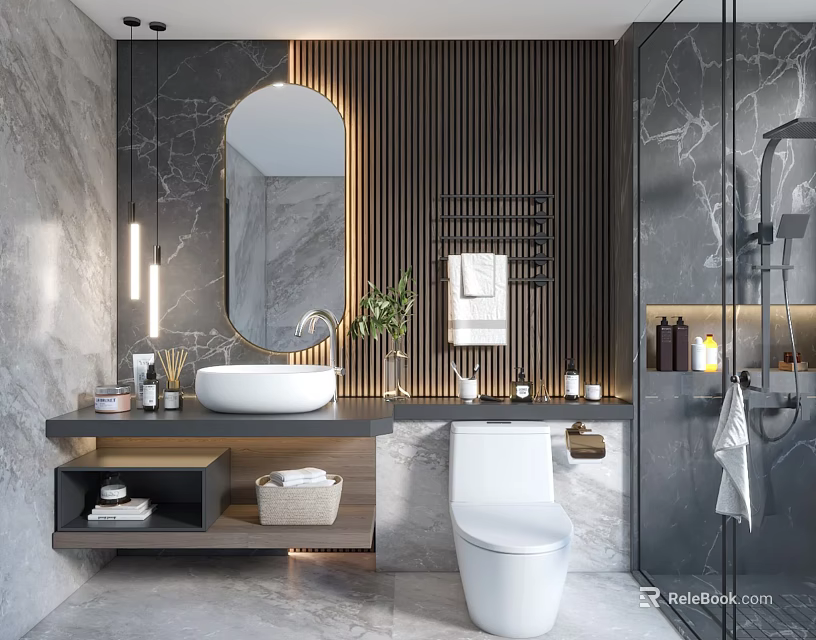 Modern Bathroom Interior Design With Marble Walls Round Mirror And Wooden Accents 3d model 