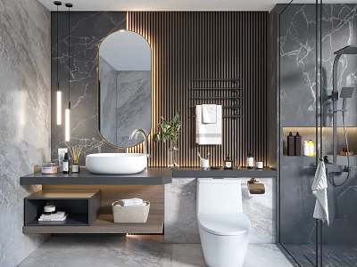 Modern Bathroom Interior Design With Marble Walls Round Mirror And Wooden Accents 3d model